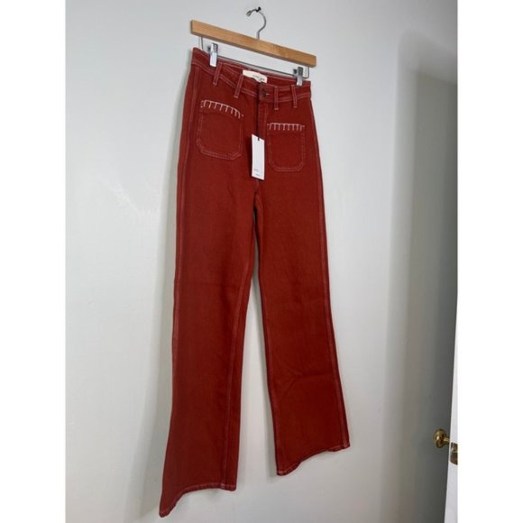 NWT Seventy + Mochi Mabel Jean Patch Pocket High Rise Wide Leg Dark Rust - Picture 3 of 8